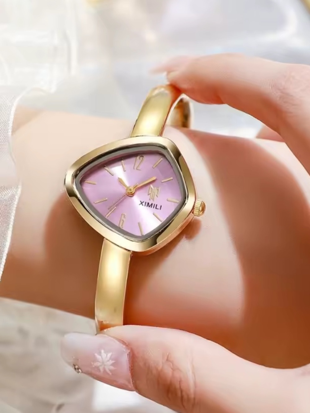XIMILI Gold Bangle Watch with Pink Dial